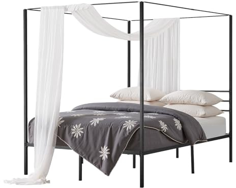 VEVOR Marco de Cama con Dosel de Tamaño Queen, Diseño de 4 Postes de Metal 2095 x 1530 x 1830 mm Soporte de Láminas de Acero Resistente Espacio de Almacenamiento Debajo, No Necesita Somier, Negro