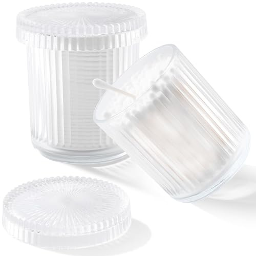 rejomiik Glass Qtip Holder Dispenser 2 Pack, Bathroom Canister Apothecary Jars with Lids, Vanity Makeup Accessories Storage Organizer for Cotton Swabs, Cotton Balls, Pads, Floss Picks, Clear