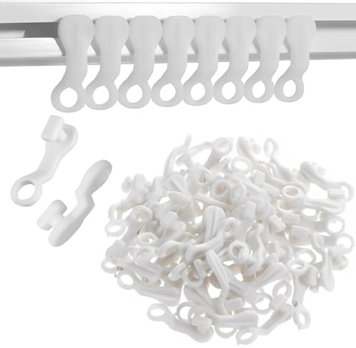 100PCS Curtain Hooks Plastic, Curtain Track Gliders Curtains Rail Sliding Hooks Runners Drapery Track Glider Hook Easy Fit White Durable Hook for Carava Living Room Bathroom Kitchen