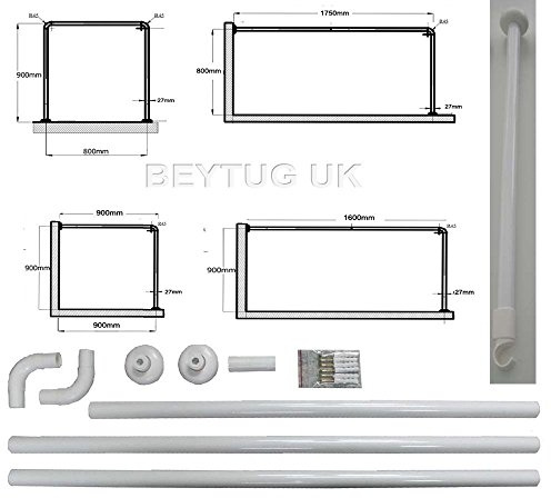 White Shower Curtain Rail/Rod, 4 way use,L Shape,U shape, Long L-Shape, Supplied with Ceiling Mount/Bracket