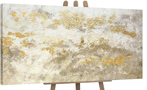YS-Art Pintado en acrílico Arte abstracto de la pared Brillo dorado Colores claros con dorado Cuadros contemporáneos moderno 160x80 cm