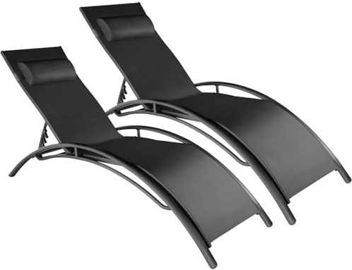 tectake® Set de 2 Chaise Longue Bain de Soleil Jardin Exterieur avec Appuie-tête Chaise Longue inclinable Sun Lounger Transat de Plage Relax Camping Salon de Jardin Exterieur - Noir