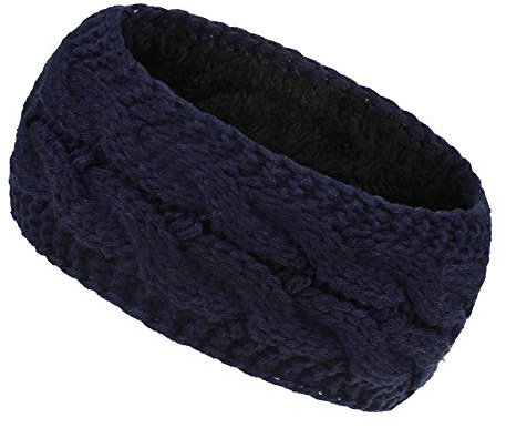 Women Ear Warmer Headband Fleece Lined Winter Warm Knitted Thick Hairband Thermal Headbands Elastic Hair Wrap (Navy Blue)