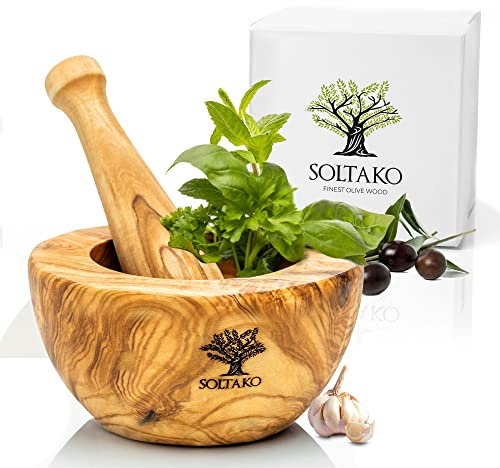 SOLTAKO Mortaio con Pestello - Set mortaio e pestello in legno d'ulivo - Macinapepe, spezie, medicinali - Mortaio africano - Legno d'ulivo tunisino - Cucina artigianale Ø circa 14 cm