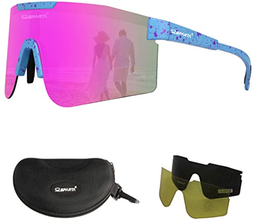 OUTDOORSPARTA Polarized Sports Sunglasses with 3 Interchangeable Lenses, Cycling Glasses,Baseball Golf Driving Sunglasses(2. Light Blue/Point Temple, Revo Pink Lens)