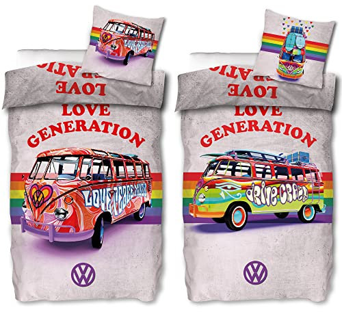 VW Volkswagen Bulli Bettwäsche Love Generation 135 cm x 200 cm + 80 cm x 80 cm 100% Baumwolle Renforcé-Linon-Qualität Camper VW-Bus LGBTQ Rainbow Retro 2 Motive Wendebettwäsche Reißverschluss 184