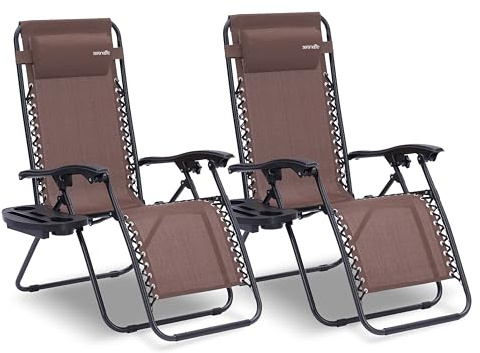 SereneLife sillas reclinables de Exterior, Set de 2, Tumbonas, con Almohada Desmontable, Portavasos, Plegables, Portatiles, Zero Gravity, Ideales para Camping, Patio, Jardin, Piscina o Playa