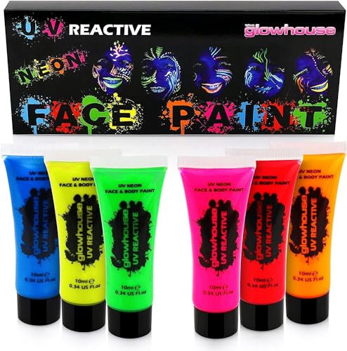 6 pinturas UV neón para cara y cuerpo (paquete de 6) UV fluorescentes más brillantes