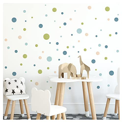 Little Deco Väggklistermärke 120 punkter väggtatuering barnrum cirklar blå grön beige väggdekal pastell babyrum självhäftande prickar DL886-2