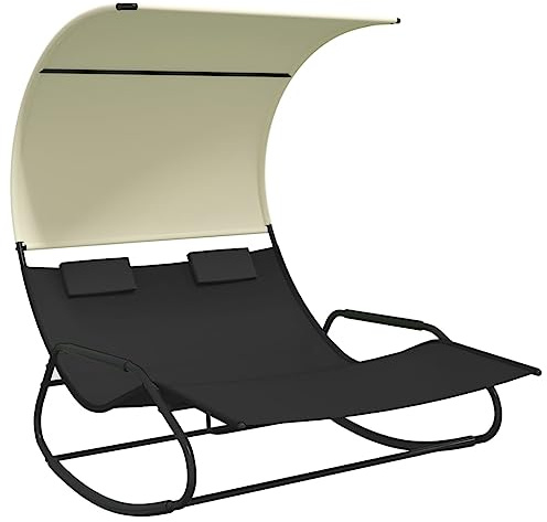 vidaXL Rocking Double Sun Lounger with Canopy, Sun Bed for Outdoor Garden Patio, Day Bed with Backrest, Lounge Bed, Black and Cream
