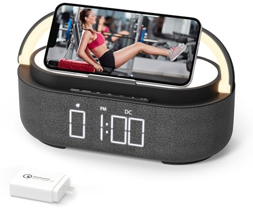 COLSUR 【2024 Newest】 Radio Alarm Clock Bluetooth Speaker, 15W Wireless Charger Alarm Clocks Bedside, Night Light, Loud Volume for Heavy Sleepers, Snooze, Dimmable LED Display, 2500mAh Battery (white)