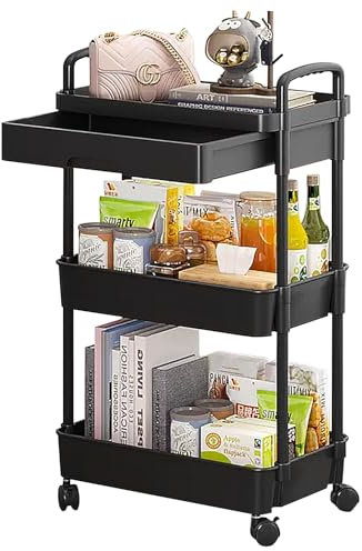 DUOJIN Carrello multiuso in plastica a 3 livelli con maniglia, carrello portaoggetti multifunzione con cestini in rete e ruote bloccabili, per bagno, cucina, ufficio, aula (nero)