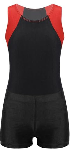 winying kinder Turnanzug Gymnastikanzug Jungen ÄrmellosTrikot Leotard mit Shorts Training Gymnastikbody Tanzbekleidung Rot schwarz 134-140