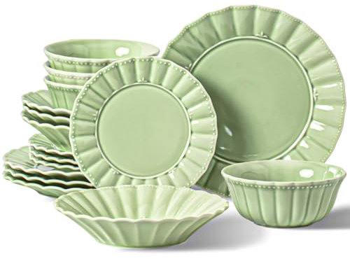 HOMBENE Dinnerware set, 16 Piece plates and bowls sets for 4, Ceramic Mordern dish set for party, Porcelain dish set, House gift, Microwavable safe, Mint Glow Green