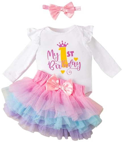 Winmany Bébé Fille 1er Anniversaire Tutu Jupe Ensemble à Manches Longues Combishort Premier Anniversaire Smash Cake Tenues Ensemble de Robe de fête soirée