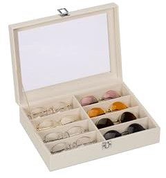 Relaxdays Porta Occhiali Multiplo, Scatola per 8 Paia, Cofanetto Espositore con Cassetti, HLP: 8,5x33,5x24,5 cm, Bianco