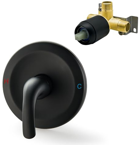 LIWEIKE Matte Black Shower Handle Valve Single Function Shower Valve Handle Wall Mount Brass Shower Mixer Valve Kit Bathroom with Male Tread Rough-in Brass