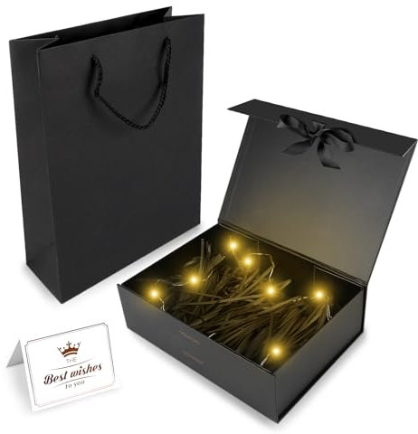 Scatola regalo nera con l'arco, Scatole Regalo 23x17x7cm, Scatola Regalo con Coperchio, Confezione Regalo con nastro, Carte, Carta，luci Sminuzzata (Magnetica, Nero)