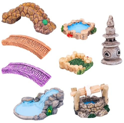 Gosknor 9pcs Miniature Resin Pond Lawn Garden Ornament, Fairy Figurines Accessories Landscape Decoration Mini Bridge Meditation Water Well Zen Tray Items Kit for DIY Craft Decor
