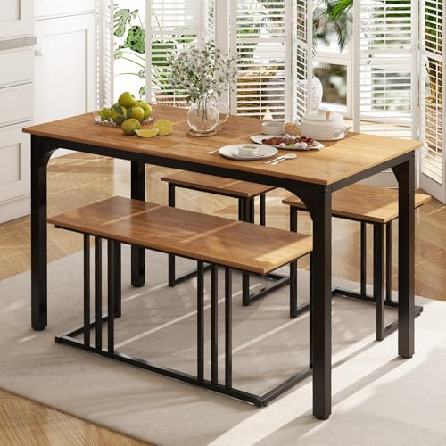 COSTWAY Ensemble de Table à Manger 4 Pièces, Table avec Banc et 2 Tabourets pour 4 Personnes, Structure en Métal Antirouille, pour Cuisine, Restaurant, Bar (Naturel)