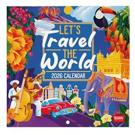 Legami - Calendrier Mural 2026, Let's Travel The World, Petit Calendrier Mural, 12 Mois et Planificateur Annuel, en Anglais, Espace pour Notes, Signes du Zodiaque, Fêtes Internationales, 18 X 18 Cm.