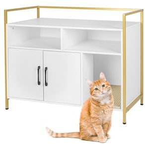 Relaxdays Kattskåp för kattlåda, med kattlåda, entré, förvaringsutrymme, HBT 74 x 90 x 45 cm, katthus, vit/guld