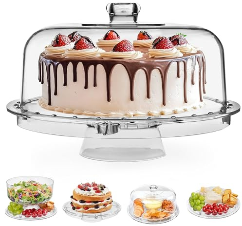 HBlife Cake Stand with Acrylic Dome Cover (12.2), Multifunctional Serving Cookie Platter Punch Bowl and Cake Plate for Dessert Table Display for Parties (6 Uses)