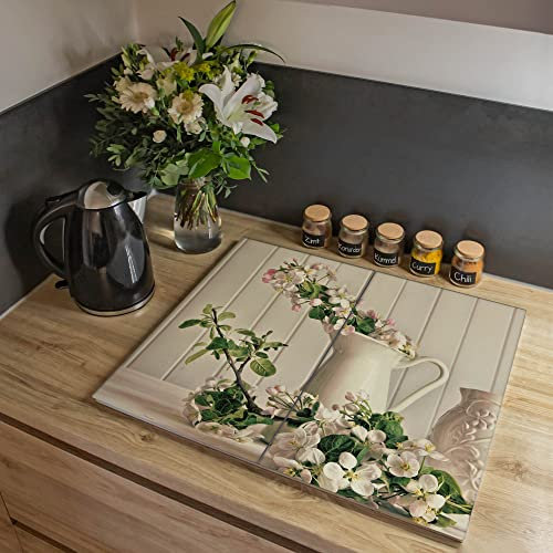 banjado® Herdabdeckplatte Glas 2-teilig 60x52 cm/Schneidebrett Herdabdeckung mit Motiv Stillleben Kirschblüten/Herdabdeckplatten Ceranfeld 2teilig / Schneidebrett Glas individuell einsetzbar
