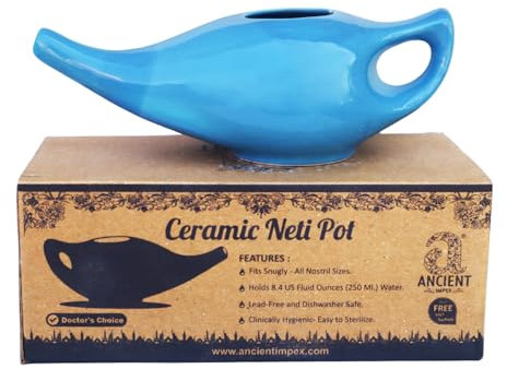 Vaso Neti in ceramica porcellana per la pulizia nasale | Trattamento naturale per infezione sinusale e congestione, Neti Pot con 5 bustine di sale Neti + foglio informativo - Verde elegante