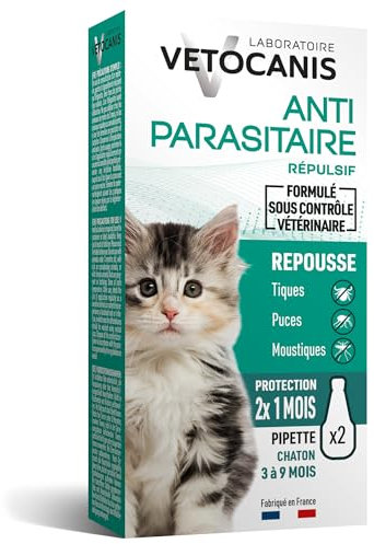 Vetocanis Anti-puces et Anti-Tiques Répulsif Efficace 2 X 1 Mois de Protection pour Chaton, 2 pipettes