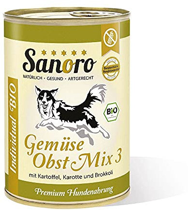 Sanoro Bio-Hundefutter Gemüse/Obst Mix 3 - Premium-Qualität - Kartoffel, Karotte, Brokkoli, Apfel - vegetarischer Barf-Zusatz (12 x 400 g)