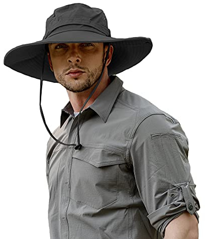 ZLYC Chapeau Boonie à Large Bord imperméable pour Homme - Chapeau de Soleil d'extérieur - Protection Solaire, Noir uni, L