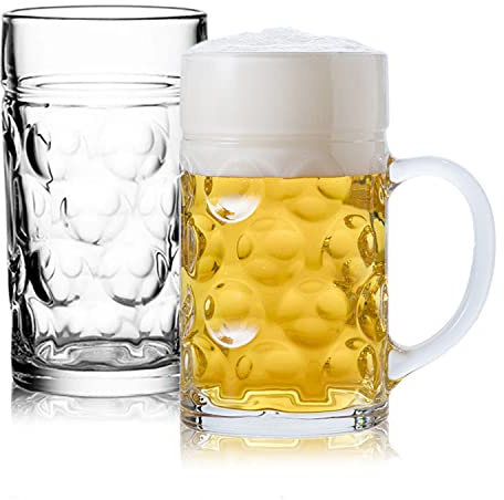 Encheng Glass Beer Stein Mugs Jumbo Mugs,German Beer Mug With Handle 1.2Liter,Big Freezable Glass Mug 40oz,Extra Large German Beer Glasses BPA Free,Dishwasher Safe 2 Pack