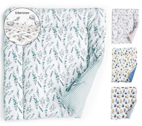 Wickelauflage 75x75 cm Baby Wickelunterlage Wickeltischauflage aus Baumwolle mit Waffelpique Unterseite, weiche hygienische Unterlage zum Windeln Wechseln Wickelmatte Eukalyptus