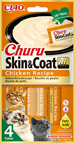 INABA Churu Skin & Coat - Katzenleckerli mit Huhn - Omega 3 & 6 und Taurin - Felinen-Snacks, Cremige Textur - Katzenfutter, Haut & Fell - 4 Tuben x 14g