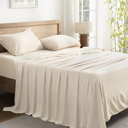 Andency Queen Sheets Set, 100% Viscose Derived from Bamboo, Cooling Summer Bed Sheets Queen Size, Deep Pocket Up to 16, Silky Soft Sheets, Hotel Luxury Breathable Bedding Sheets & Pillowcases, Beige