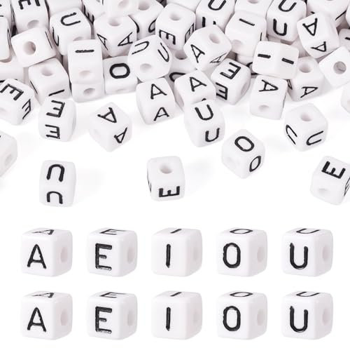 Bestewelry 100 Stück Acryl-Buchstabenperlen, 10 mm, quadratisch, kubische Alphabet-Perlen, A, E, I, O, U, Vokal-Buchstabenperlen für Armbänder, Halsketten, DIY-Schmuckherstellung