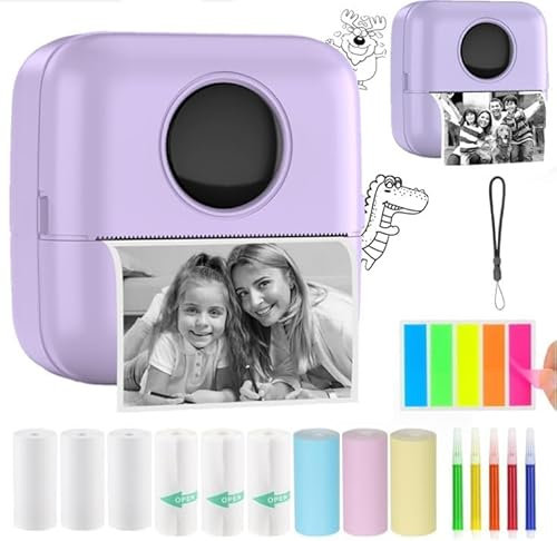 HuiJuKeJi Mini Drucker, Taschendrucker, Mini Fotodrucker für Smartphone, Sticker Drucker, Thermo Fotodrucker für Journal, Reisen Logo, Notizen, Journal, Liste, Memo (Purple)