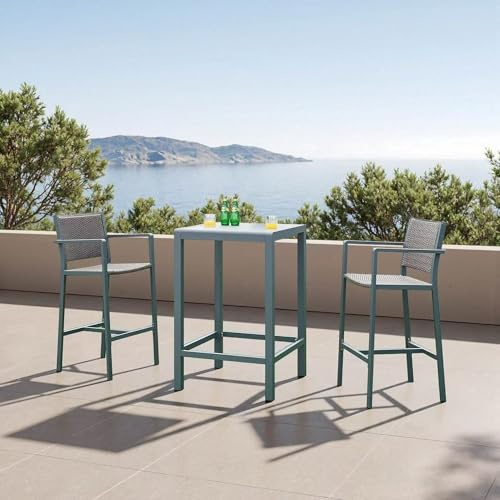 casa.pro Set de Muebles de Jardín Exterior Avise 3 Piezas - 1 Mesa Alta y 2 Taburetes de Bar - Juego Muebles de Bar Interior Exterior Ratán Aluminio Cristal Templado - Antracita/Gris Oscuro
