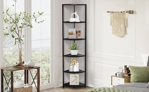 6 Tier Corner Shelf 63.1 Tall Corner Shelves stand Ladder shelf metal Standing Bookshelf Organizer Display Rack Bookcase Plant Stand Industrial for Living Room Bedroom Black Wood grain CS-001B3