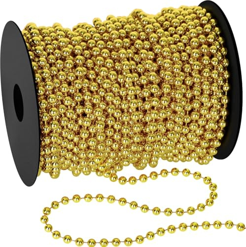 KAHEIGN 20M Guirnalda de Cuentas Navideñas, 5mm Cadena de Cuentas de Plástico Rollo de Hilos de Perlas Artificiales para Árbol de Navidad Festividades Bodas Bricolaje Decoración Suministros (Dorado)