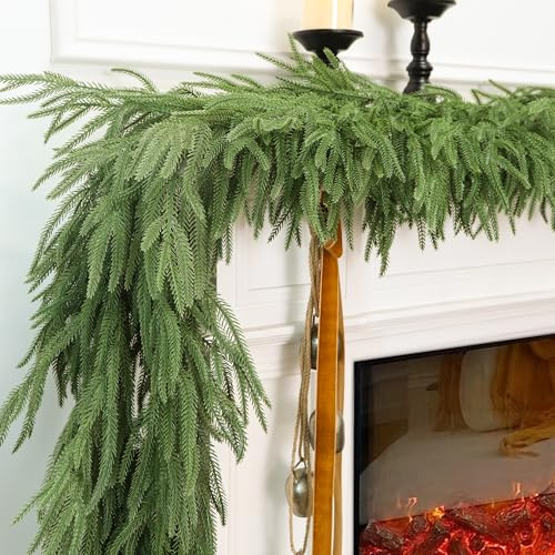 HMASYO 9 FT Real Touch Norfolk Pine Garland, Lusher Fuller 105 Branches Realistic Christmas Garland Green Artificial Greenery for Mantle Fireplace Table Indoor Outdoor Xmas Decorations