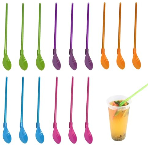fKiZanthene 15-Piece Reusable Spoon Reusable Straws, 5-Color Set with Built-in Spoon for Slushies, Smoothies & Daily Drinks