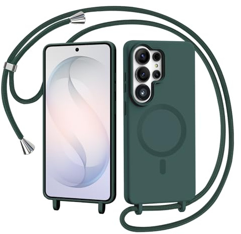 AOMYKE Coque Magnétique pour Samsung Galaxy S26 Ultra avec Cordon, Compatible avec MagSafe Collier Étui Silicone avec Tour de Cou Lanière en Corde Souple TPU Antichoc Housse, Vert foncé