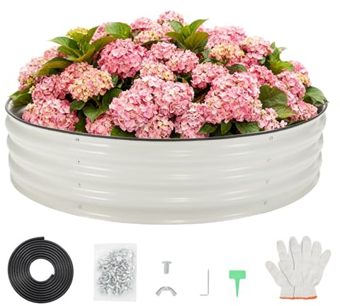 Garvee Huerto Urbano Metálico Cama Elevada de Cultivo para Jardín Exterior, Macetero Hierro Antioxidante Sin Fondo para Verduras Flores y Hierbas, Redondo, 122x122x30.5cm, Blanco, 1 Unidad
