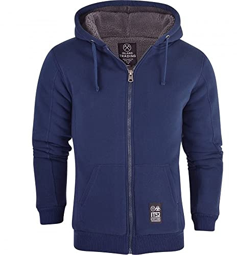 Island Trading Mens Cotton Padded Borg Fleece Sherpa Lined Full Zip Up Hoodie Sweatshirt Jacket X Large Navy Blue