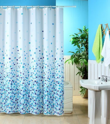 KAV Mosaik Blau auf weißem Hintergrund Polyester Duschvorhang inkl. 12 weißen Duschvorhangringen/Mosaik Gemustert Polyester Duschvorhang, Blau Mosail- Mosaic, 200 cm Breit x 180 cm hoch