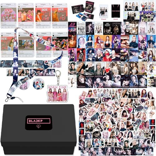KPOPBP Juego de caja de regalo de álbum nacido rosa negro, rosa y azul, 159 unidades de tarjetas de fotos de cumpleaños, decoraciones de fiesta de cumpleaños, pegatinas de cordón Kpop
