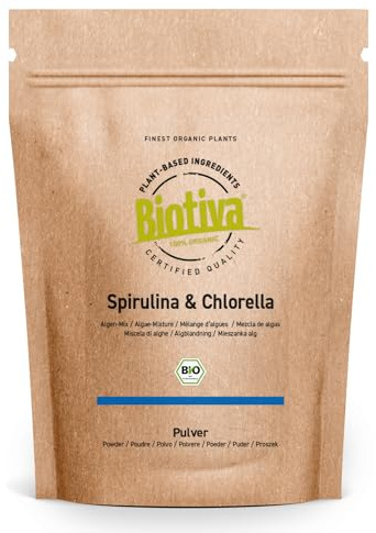 Clorella e Spirulina in polvere bio 100g | Alghe | vegan | Chlorella Vulgaris | Imbottigliata e controllata in Germania | Biotiva
