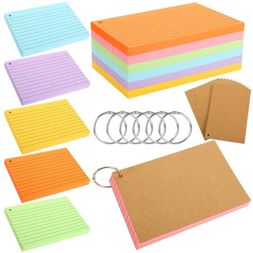 300 Stück Karteikarten A6, 150g/m² Karteikarten Liniert Vokabelkarten Flashcards Bunt mit 6 Binderinge 12 Kraftpapierkarten für Unterwegs Schule Büro Zuhause (6 Farben)